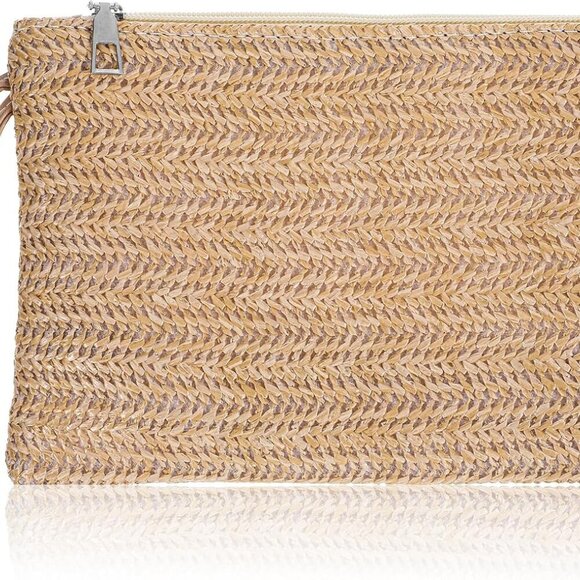Lightweight Hand-Woven Khaki Straw Clutch with Zipper - Ideal for Daily Use - Picture 1 of 7